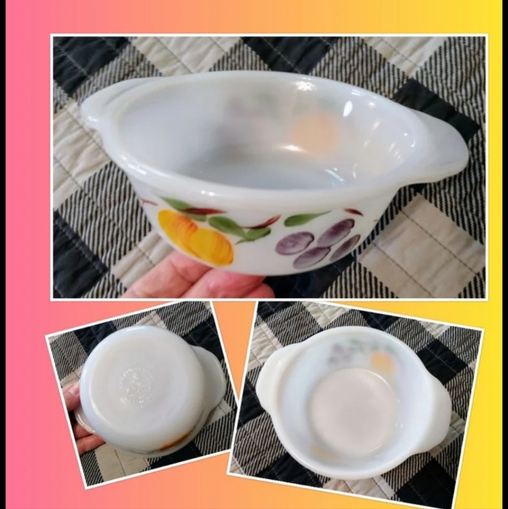 Vtg milkglass Bowl fruit Anchor Hocking plum peach